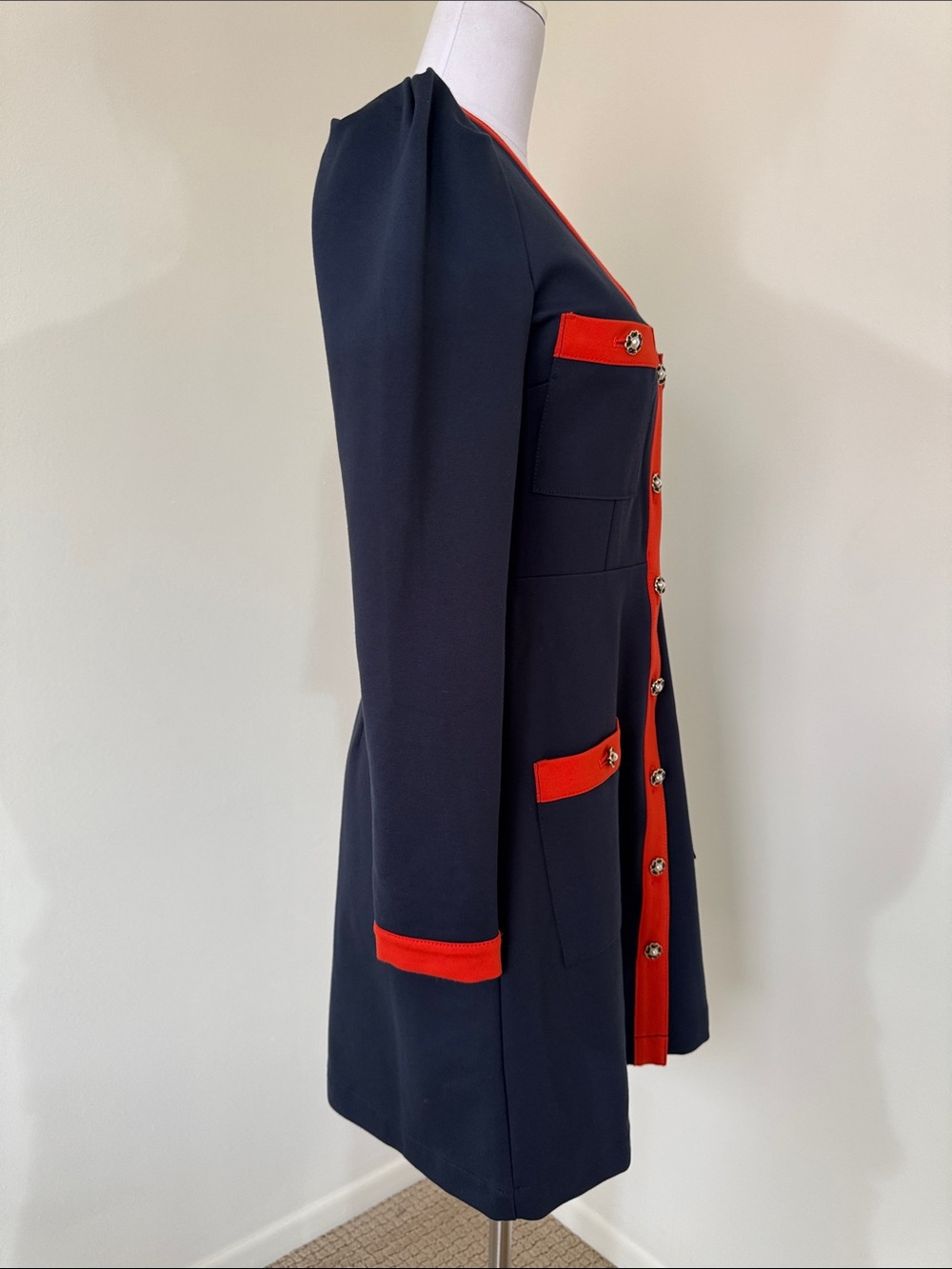 Maeve Anthropologie Ponte Blazer Mini Dress Navy Red Trim Button Front Small - Picture 2 of 10